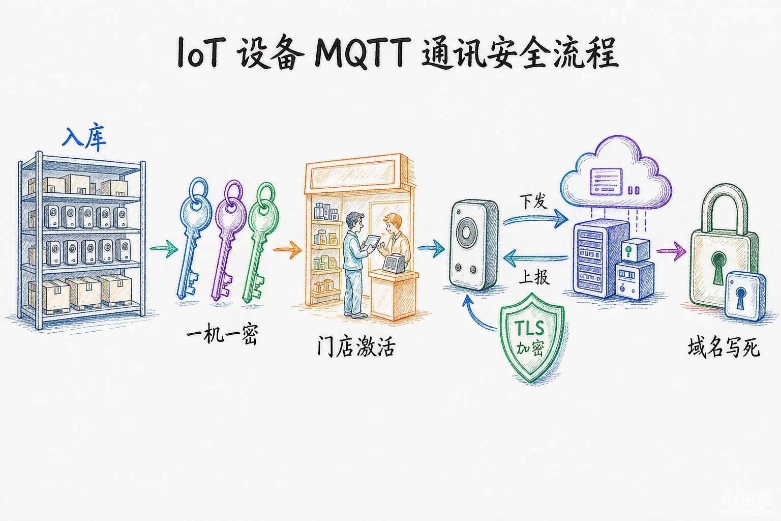 通信安全：设备入库分配一机一密三元组，门店激活，MQTT+TLS 双向加密，域名写死锚定