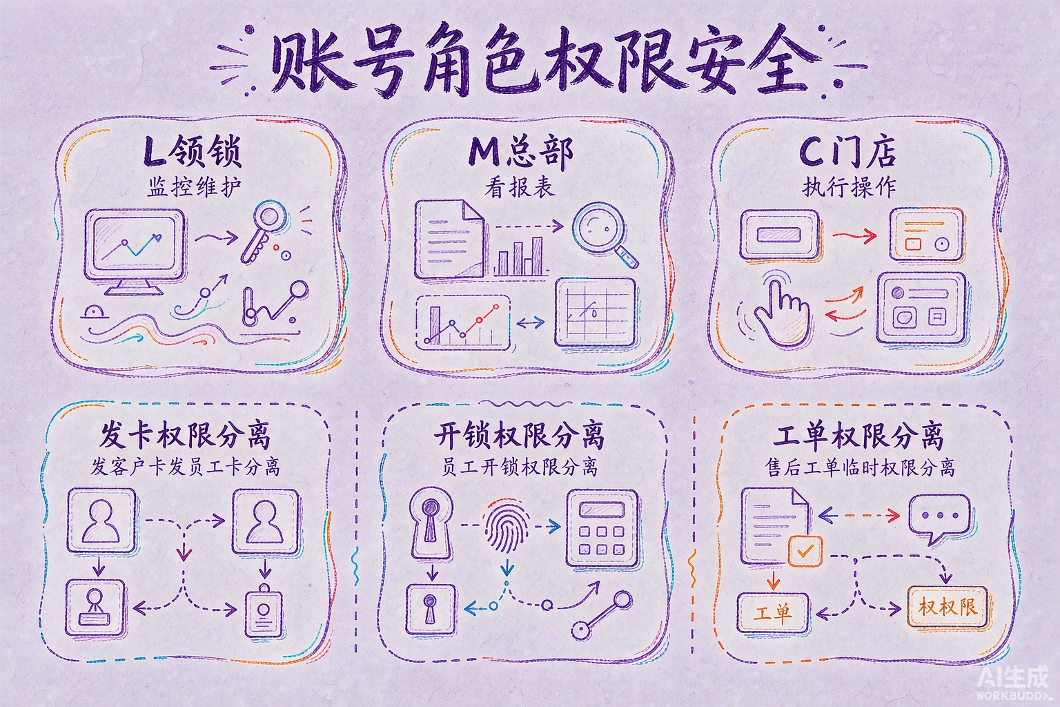 账号角色安全：L/M/C 三端权限、7 天临时权限、人在门前才开锁